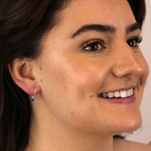 Sterling Silver Sapphire CZ September 12mm Charm Hoop Earrings