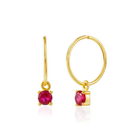Gold Plated Sterling Silver Ruby CZ 12mm Charm Hoop Earrings