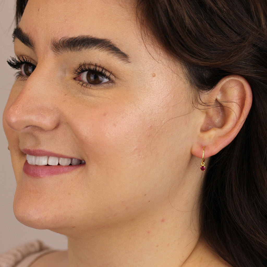 Gold Plated Sterling Silver Ruby CZ 12mm Charm Hoop Earrings