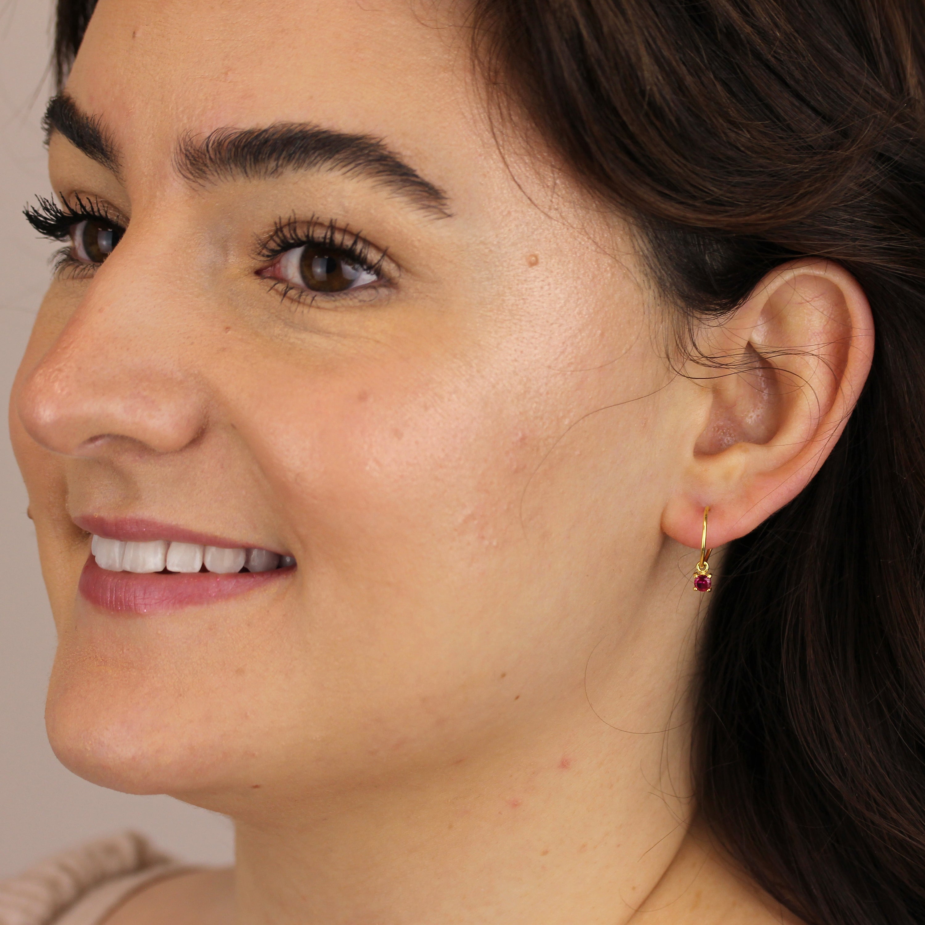 Gold Plated Sterling Silver Ruby CZ 12mm Charm Hoop Earrings