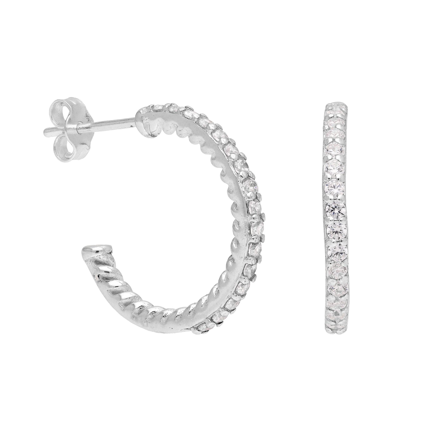 Sterling Silver CZ Twist 18mm Hoop Stud Earrings