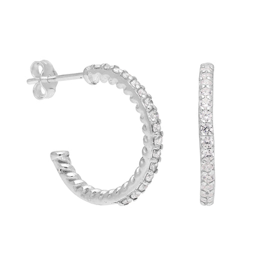 Sterling Silver CZ Twist 18mm Hoop Stud Earrings