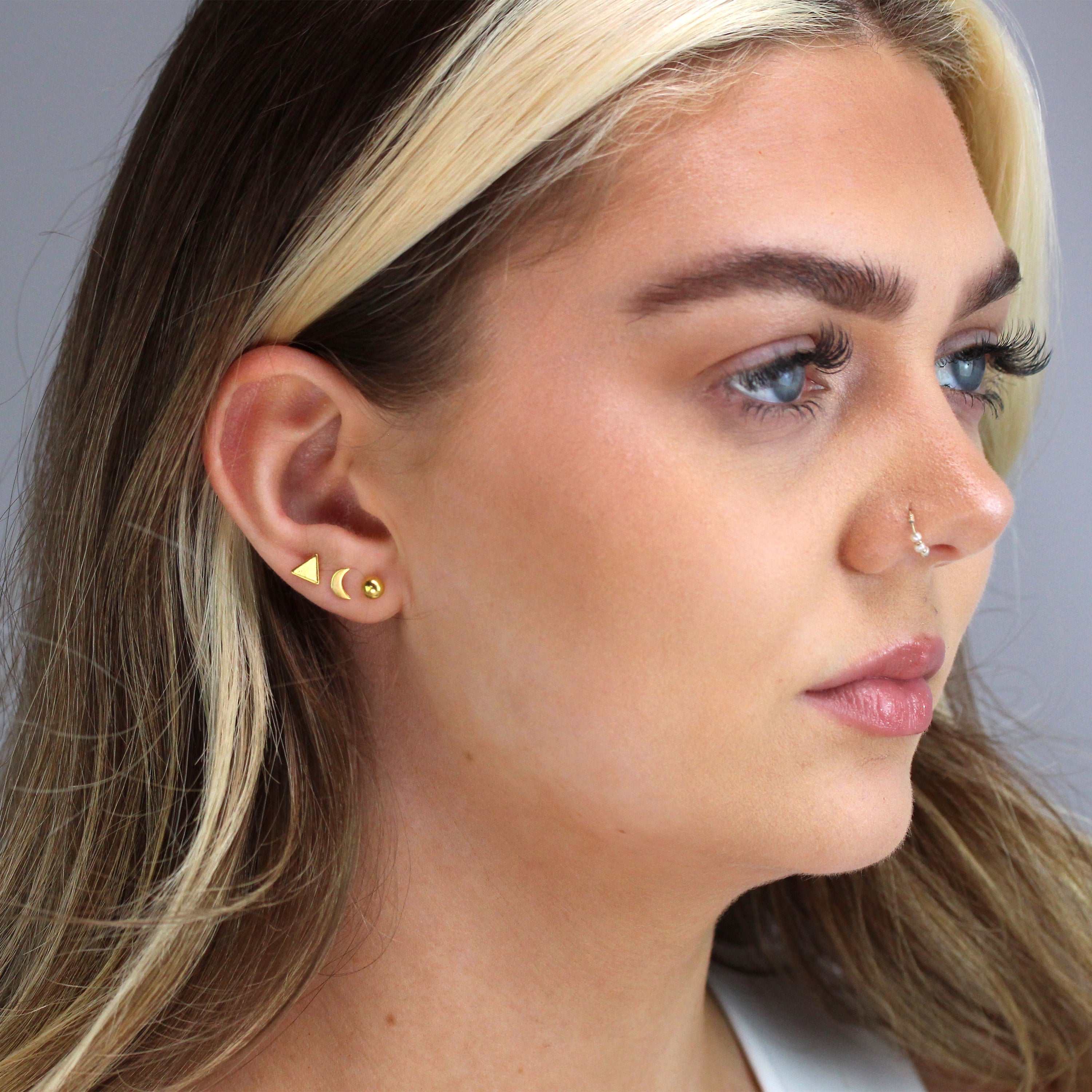 Gold Plated Sterling Silver Triangle Moon Ball Stud Earrings Set
