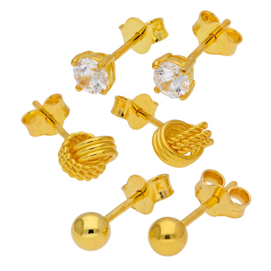Gold Plated Sterling Silver Knot CZ Ball Stud Earrings Set