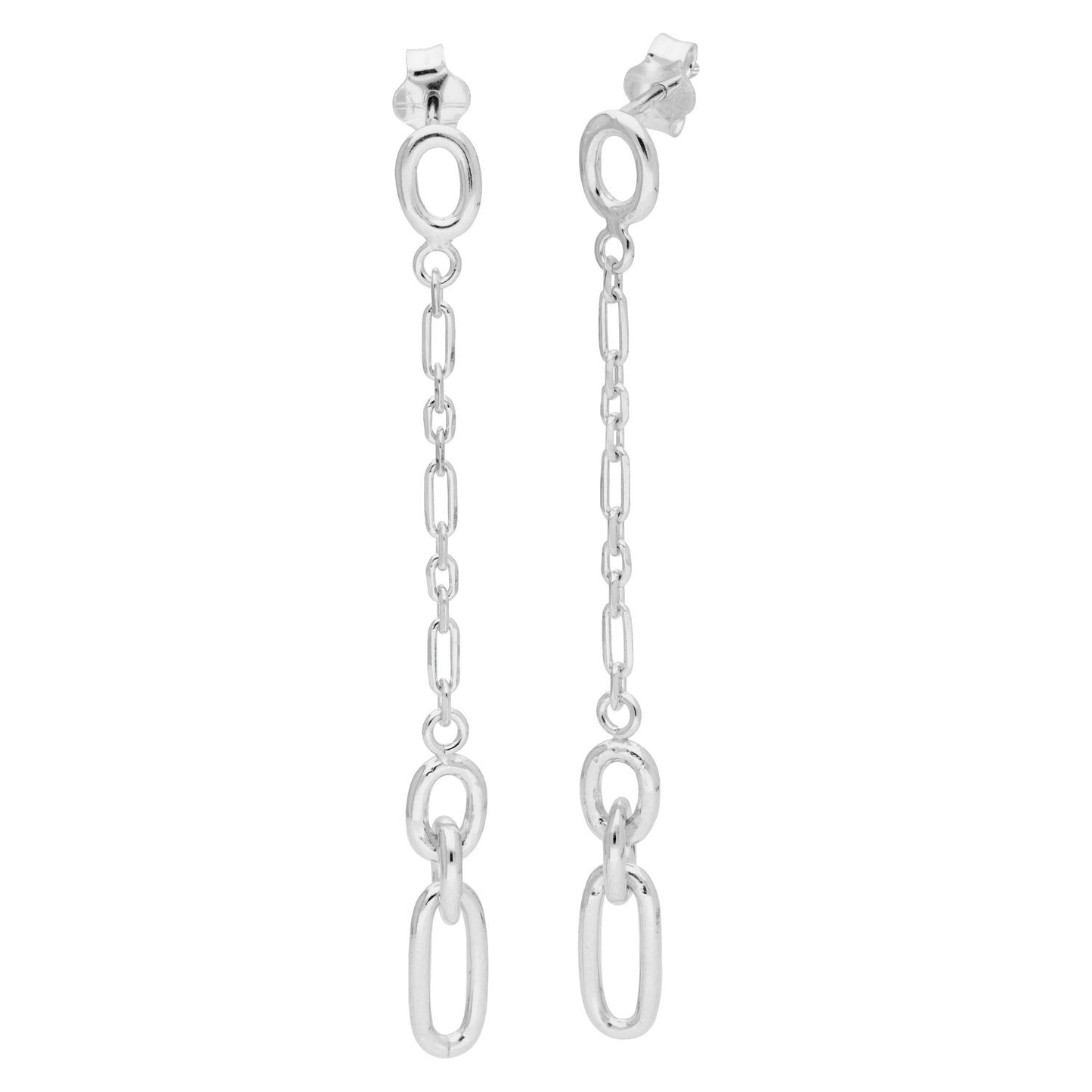 Sterling Silver Cable Long Drop Link Chain Stud Earrings