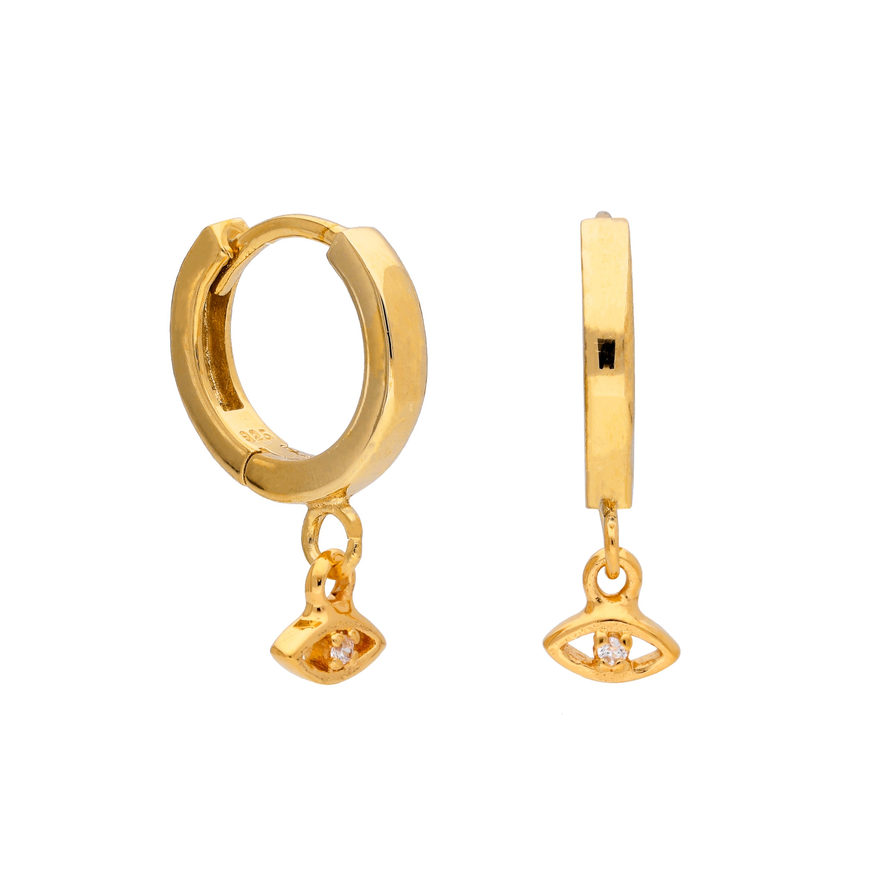 Gold Plated Sterling Silver CZ Eye Charm 12mm Hoop Earrings