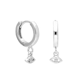 Sterling Silver CZ Eye Charm Thick 12mm Huggie Hoop Earrings