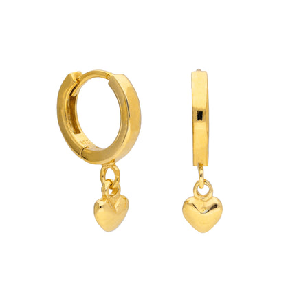 Gold Plated Sterling Silver Heart Charm 12mm Hoop Earrings