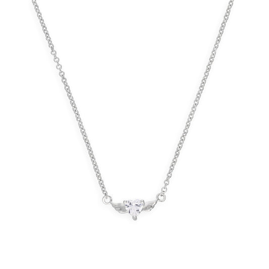 Sterling Silver & CZ Heart on Wings Necklace - 18 Inches