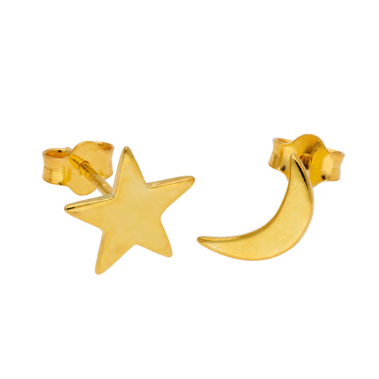 Gold Plated Sterling Silver Star & Moon Stud Earrings