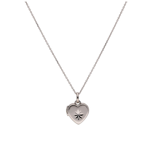 Small 9ct White Gold Diamond Cut Star Heart Locket Necklace
