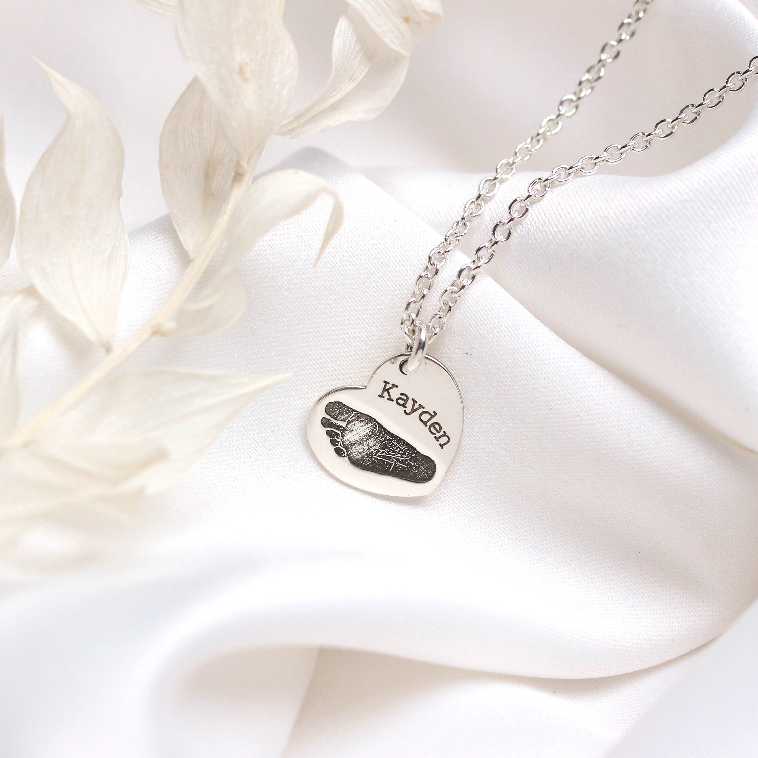 Bespoke Sterling Silver Footprint Heart Name Necklace 16 - 24 Inches