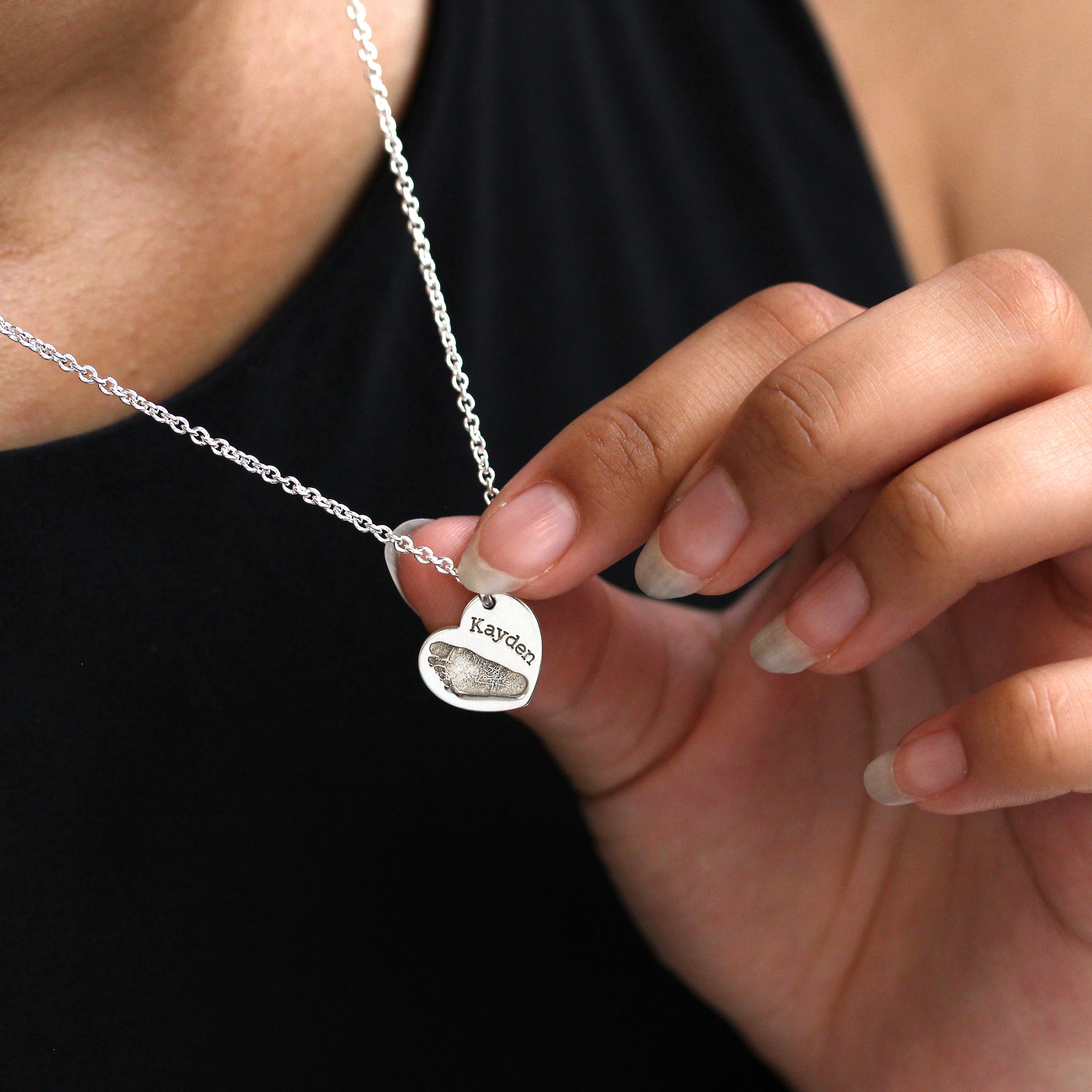 Bespoke Sterling Silver Footprint Heart Name Necklace 16 - 24 Inches