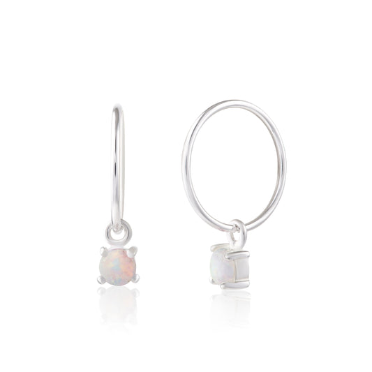 Sterling Silver CZ Opal October 12mm Charm Hoop Earrings