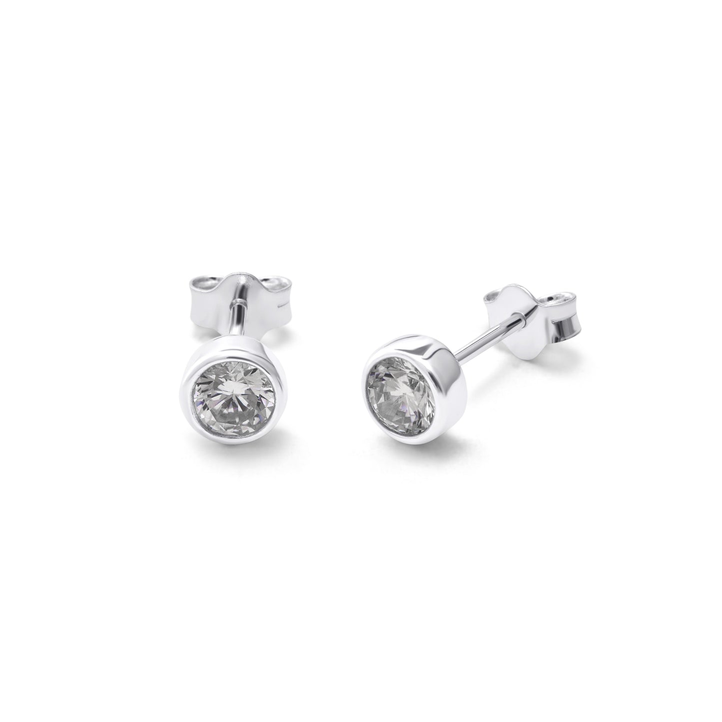 Sterling Silver Clear CZ April Rub Over 4mm Stud Earrings