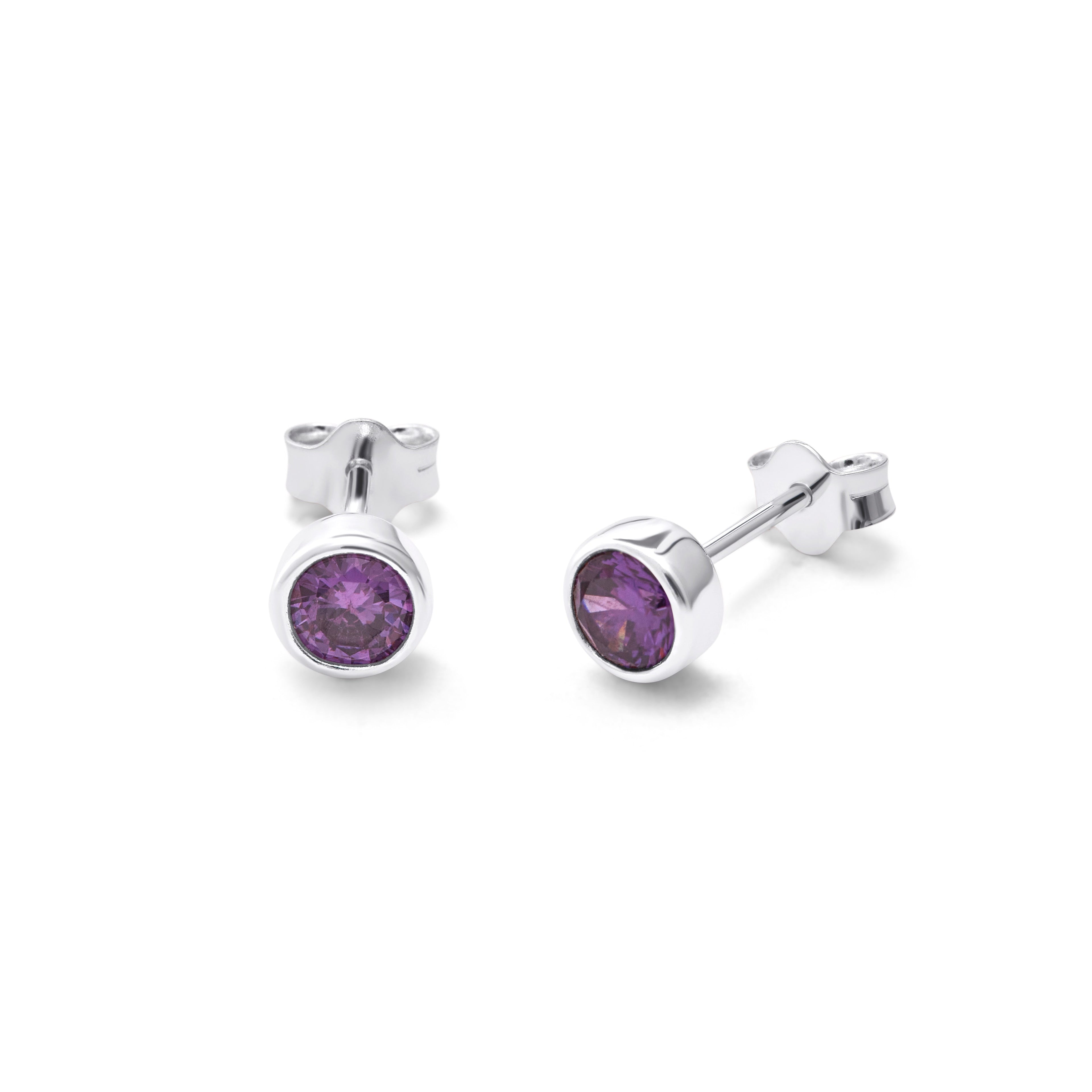 Sterling Silver Amethyst CZ Rub Over 4mm Stud Earrings