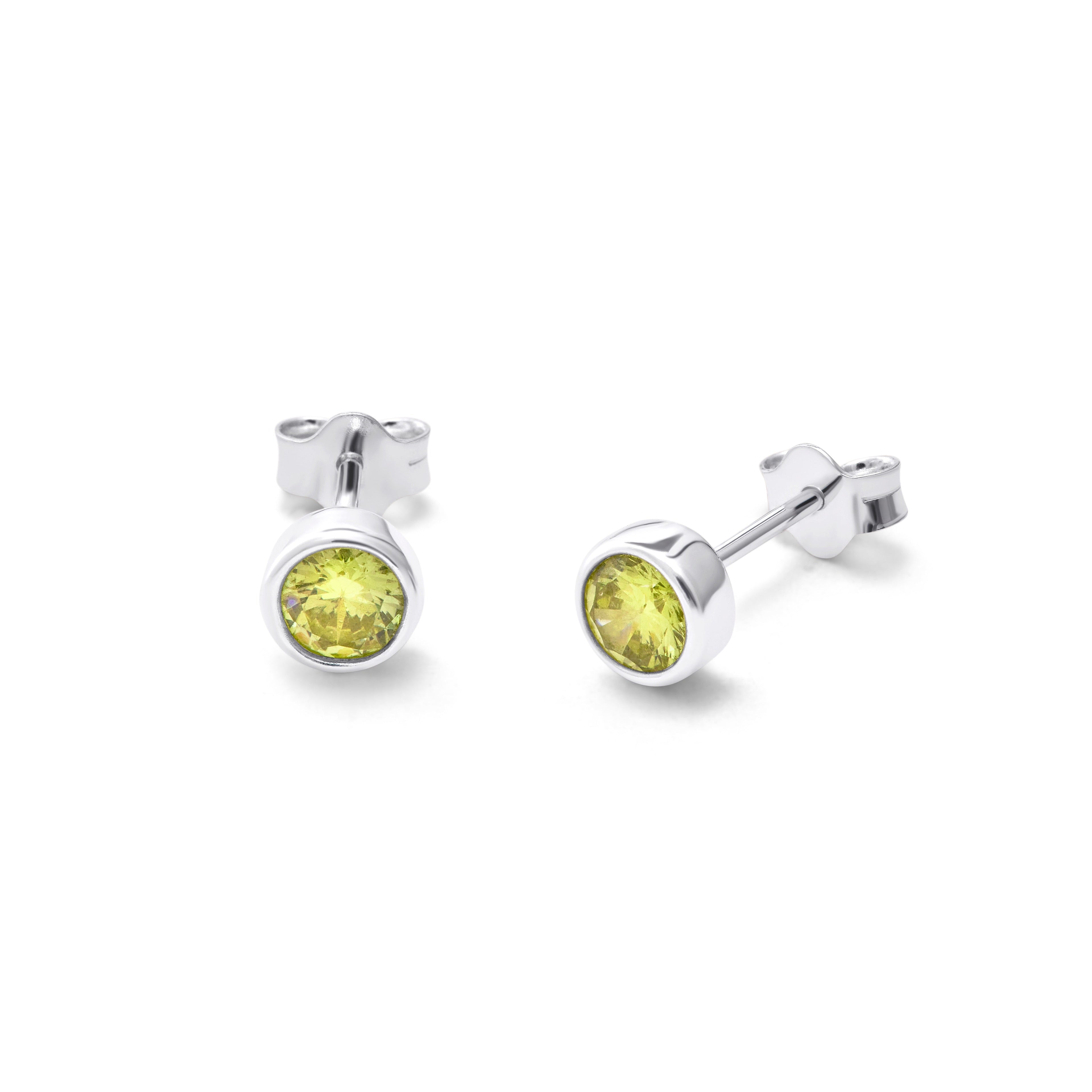 Sterling Silver Peridot CZ August Rub Over 4mm Stud Earrings