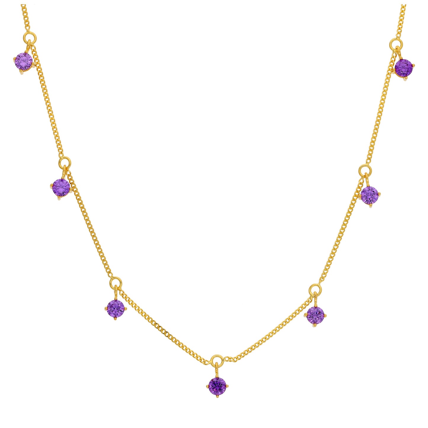 Gold Plated Sterling Silver Multi Amethyst CZ Necklace 16+2 Inch