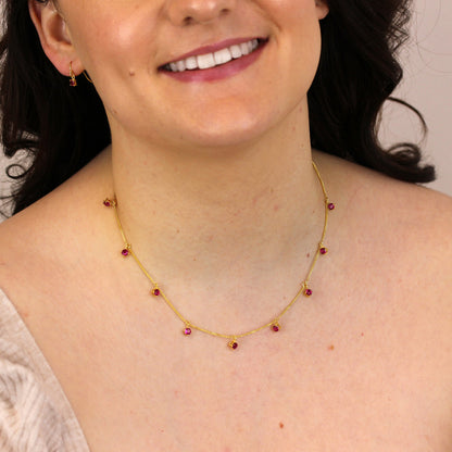 Gold Plated Sterling Silver Multi Ruby CZ July Necklace 16+2 Inch