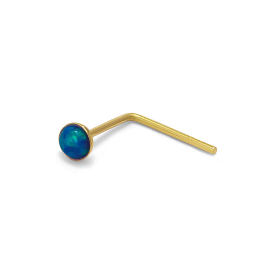 9ct Gold Blue Opal Stone L-Shaped 22Ga Nose Stud