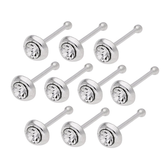 Sterling Silver 2mm Domed CZ Nose Stud Ball End Set Of 10