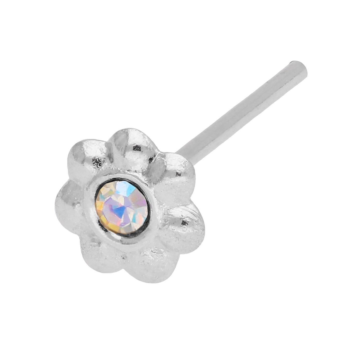 Sterling Silver CZ Aurora Borealis Flower Nose Stud Straight End