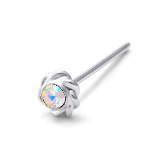 Sterling Silver CZ Aurora Borealis Twined Flower Nose Stud Straight End