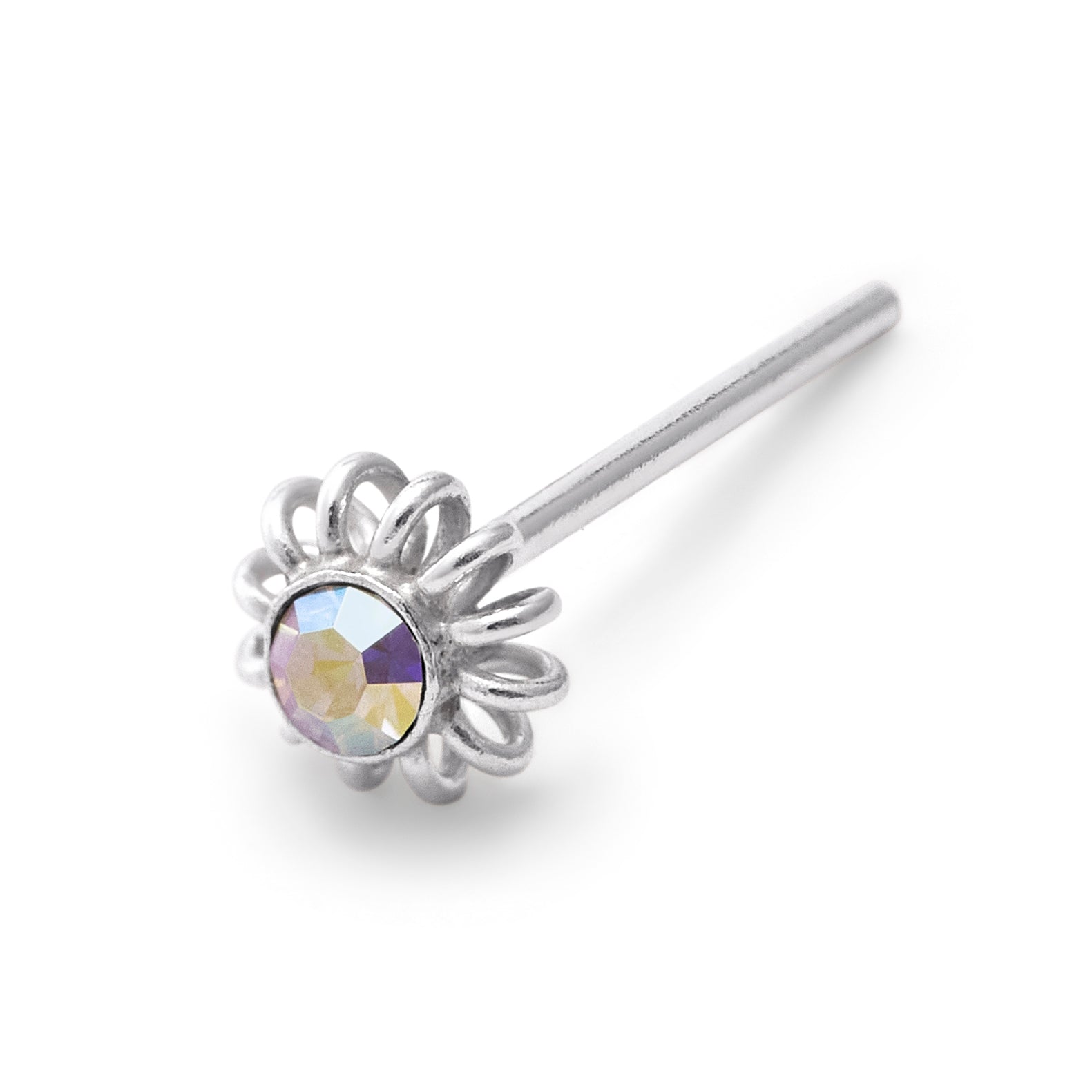 Sterling Silver 2mm Aurora Borealis CZ Coiled Flower 22Ga Nose Stud