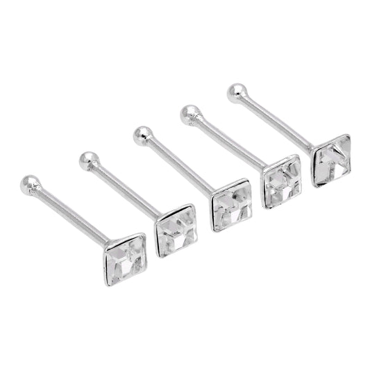 Sterling Silver Clear Square Crystal Nose Stud Ball End Set of 5
