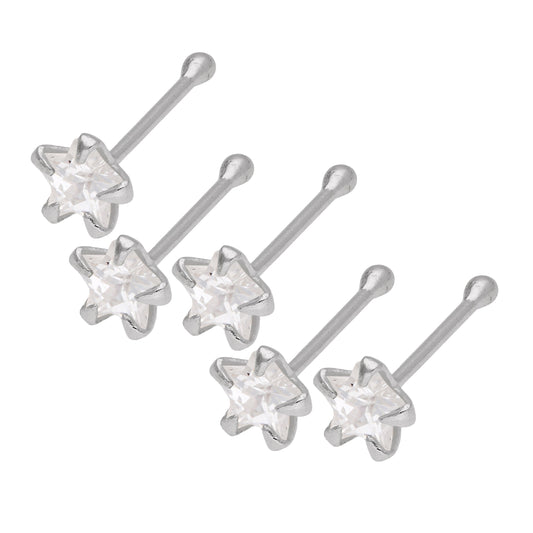 Sterling Silver Clear Star CZ Nose Stud Ball End Set of 5