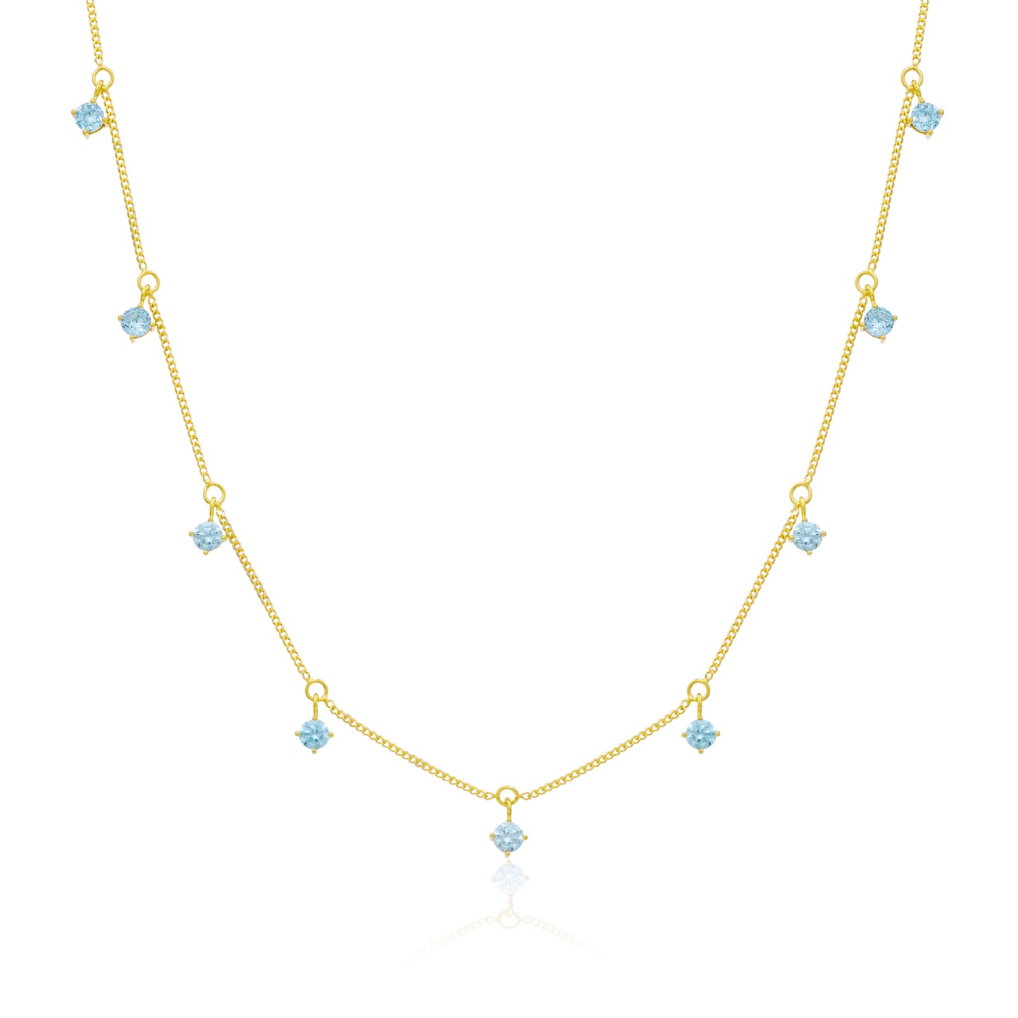 Gold Plated Sterling Silver Multi Aquamarine CZ Necklace 16+2 Inches