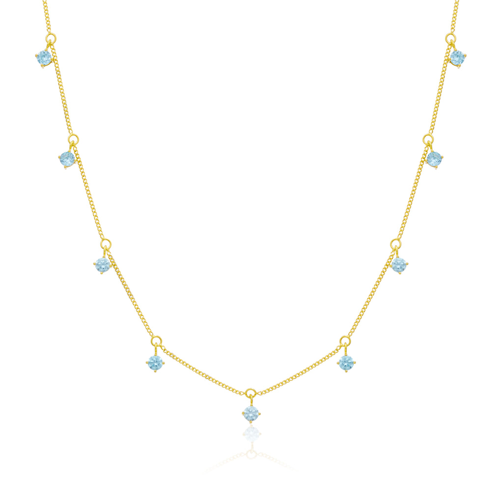 Gold Plated Sterling Silver Multi Aquamarine CZ Necklace 16+2 Inches