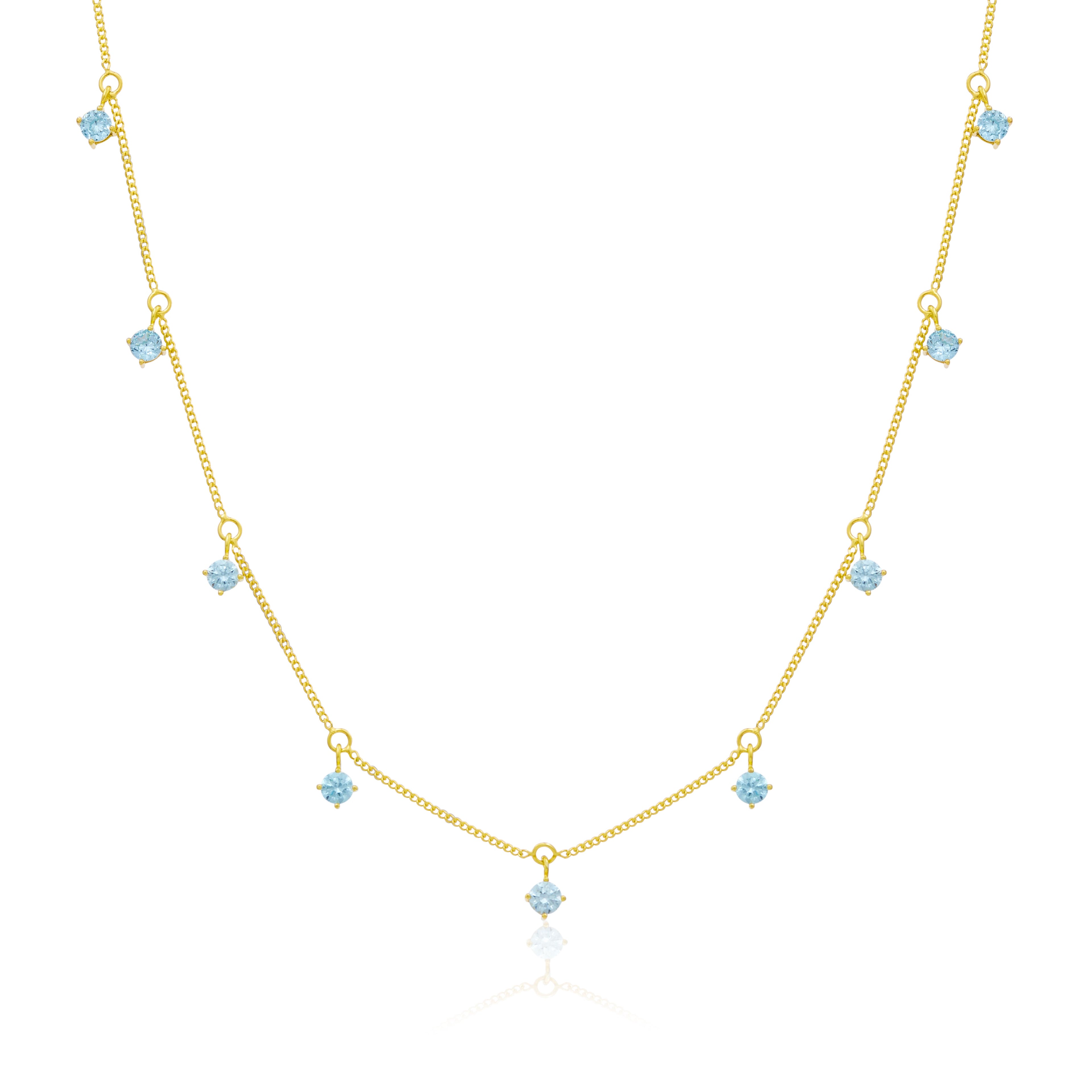 Gold Plated Sterling Silver Multi Aquamarine CZ Necklace 16+2 Inches