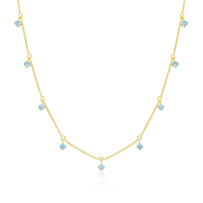 Gold Plated Sterling Silver Multi Aquamarine CZ Necklace 16+2 Inches