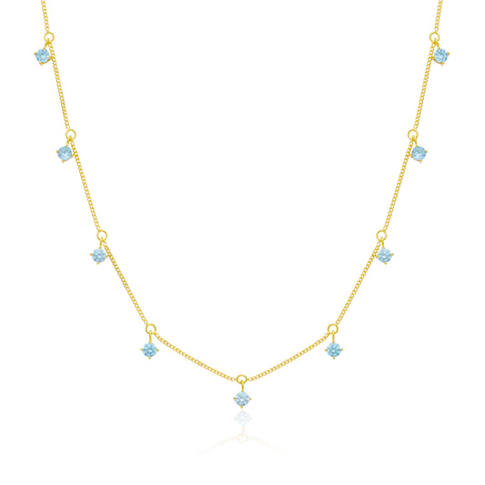 Gold Plated Sterling Silver Multi Aquamarine CZ Necklace 16+2 Inches