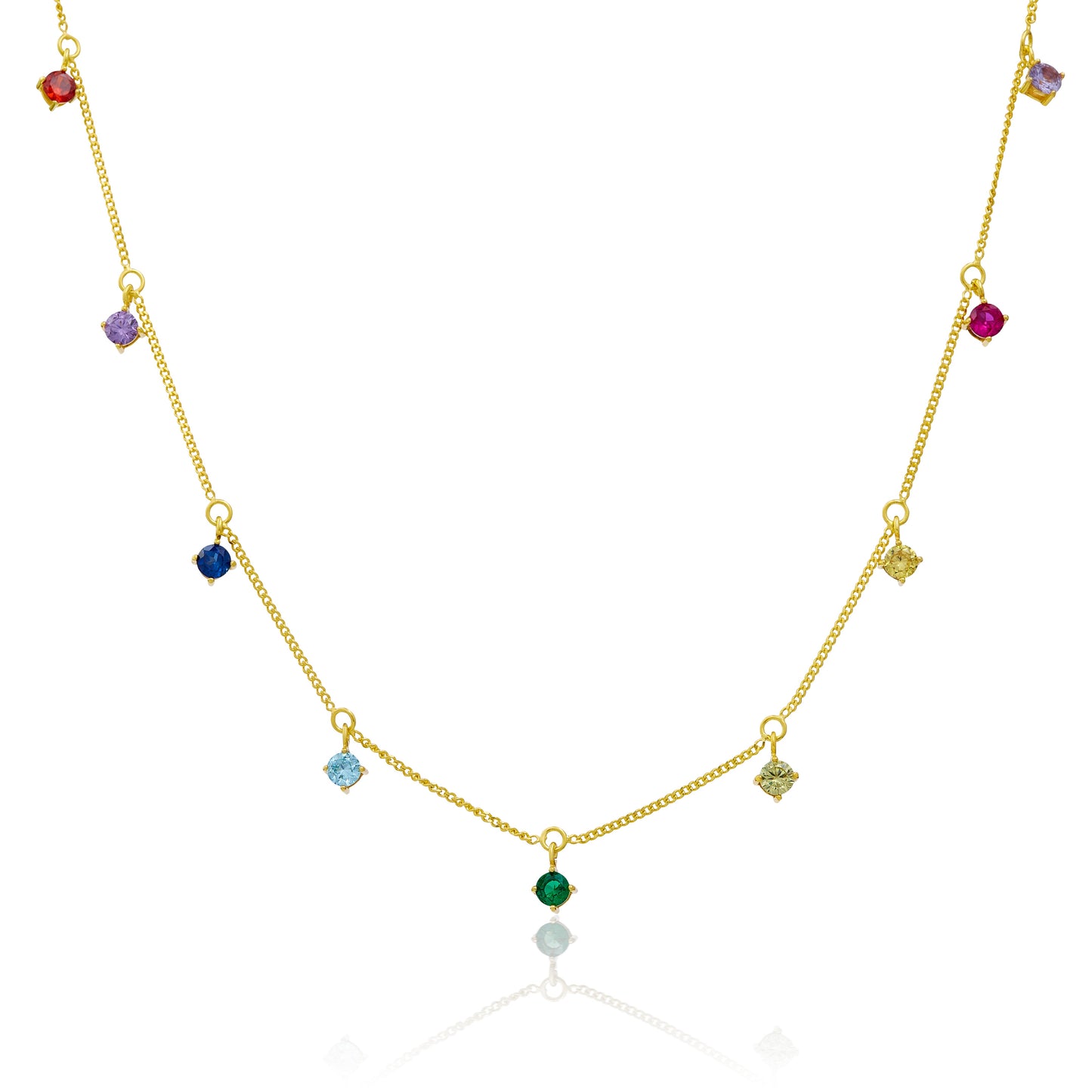 Gold Plated Sterling Silver Multi Rainbow CZ Necklace 16+2 Inches