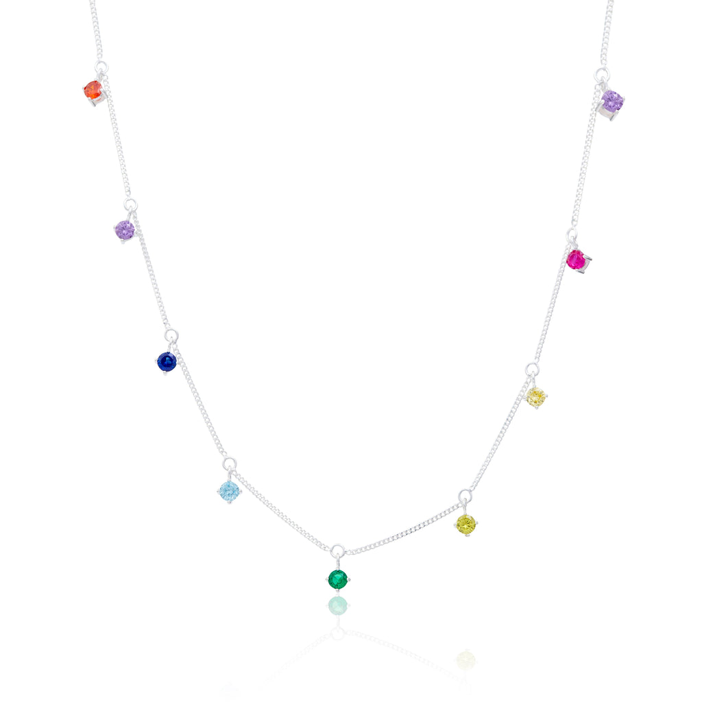 Sterling Silver Multi Rainbow CZ Necklace 16+2 Inches