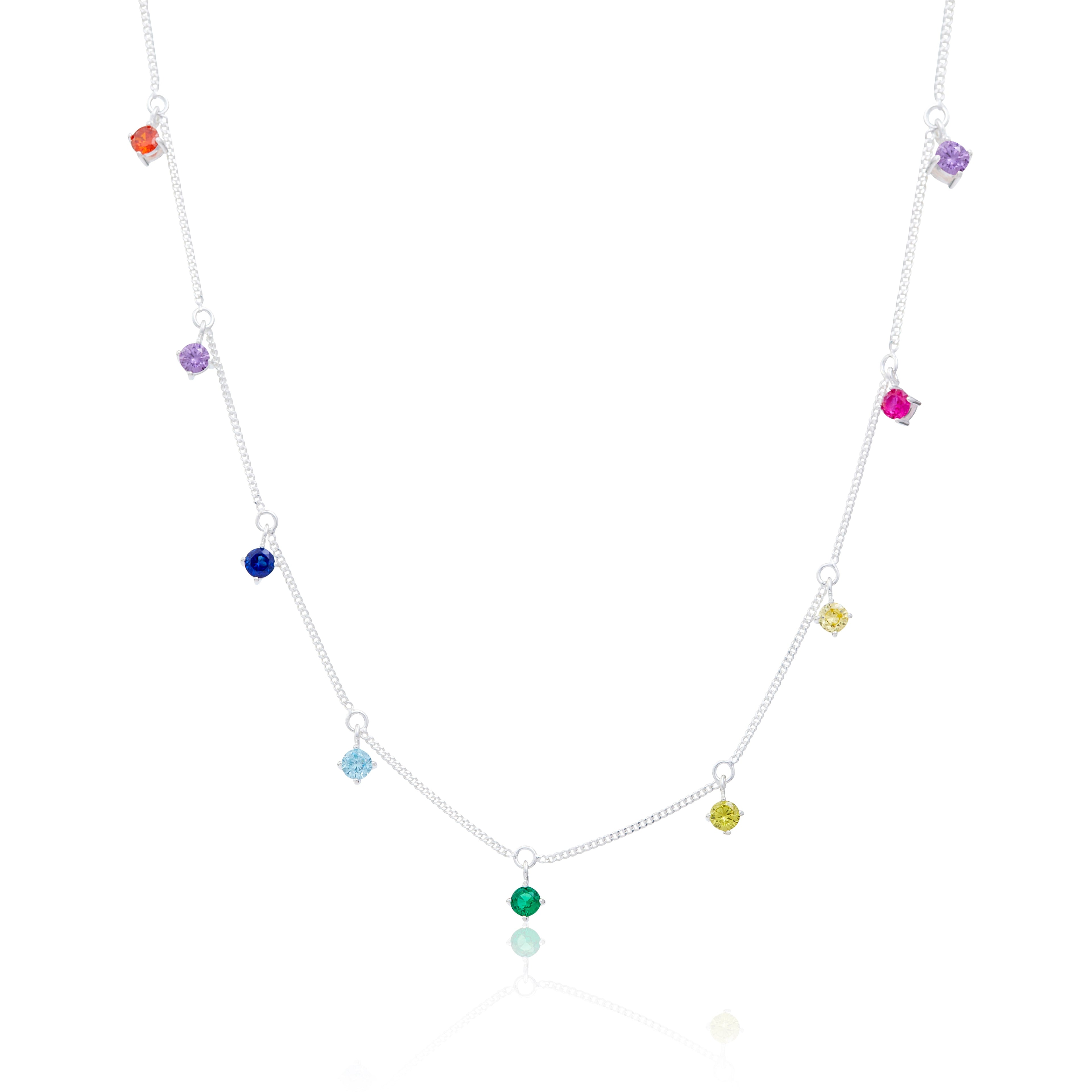 Sterling Silver Multi Rainbow CZ Necklace 16+2 Inches