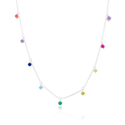 Sterling Silver Multi Rainbow CZ Necklace 16+2 Inches