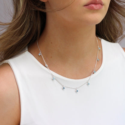 Sterling Silver Multi Aquamarine CZ Necklace 16+2 Inches