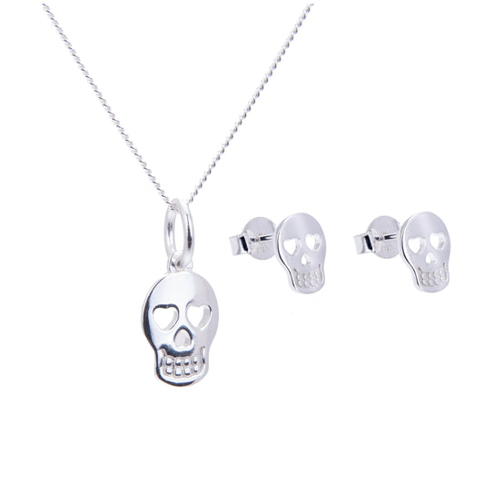 Sterling Silver Skull Heart Stud Earrings & Necklace Set 14 - 32 Inches