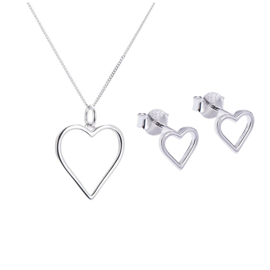 Sterling Silver Open Heart Stud Earrings & Necklace Set 14 - 28 Inches