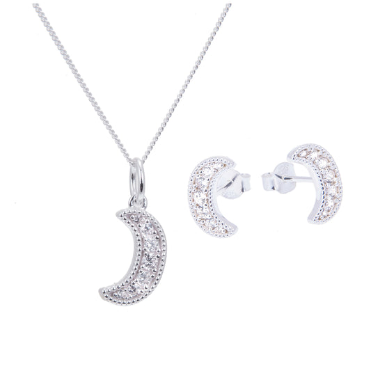 Sterling Silver CZ Crescent Moon Stud Earrings & Necklace Set 14 - 32 Inches