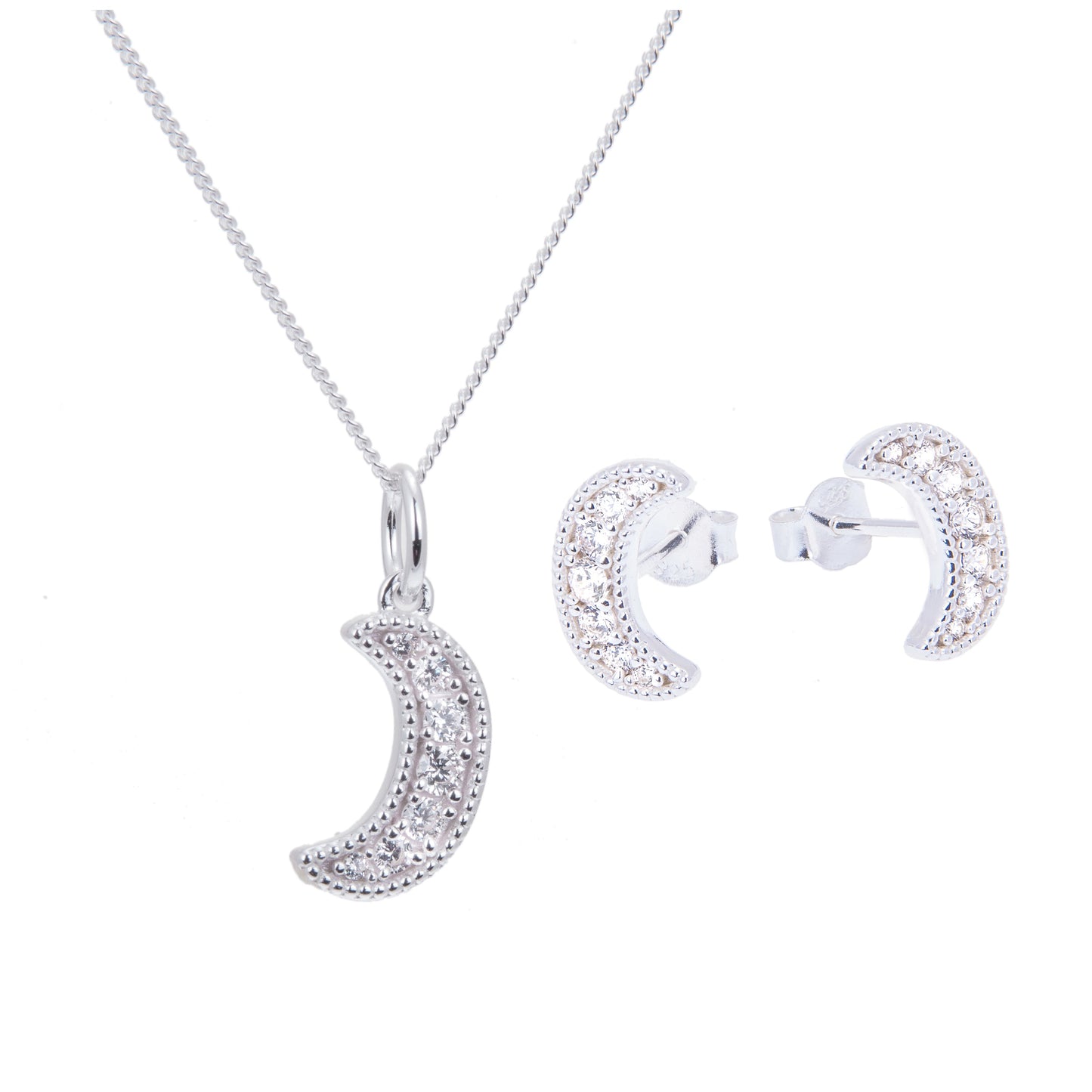 Sterling Silver CZ Crescent Moon Stud Earrings & Necklace Set 14 - 32 Inches