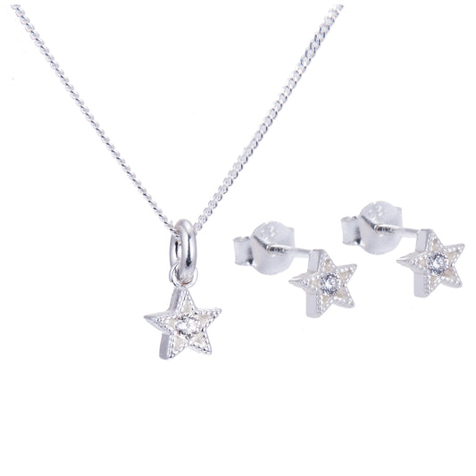 Sterling Silver CZ Star Stud Earrings & Necklace Set 14 - 32 Inches