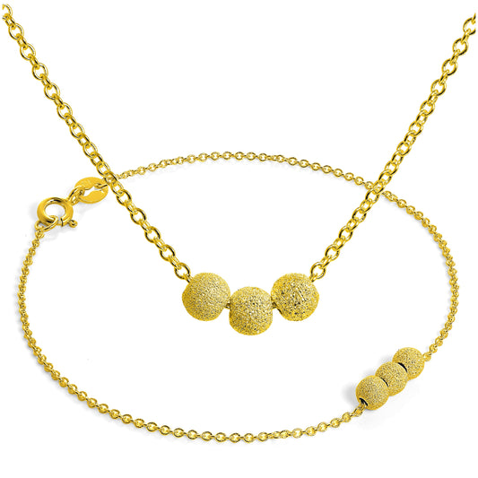 Gold Plated Sterling Silver Triple Snowball 7 Inch Bracelet & 18 Inch Necklace Set