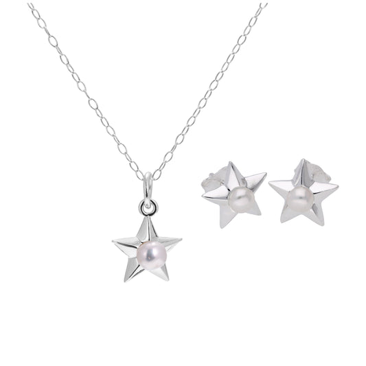 Sterling Silver Pearl Star Stud Earrings & Necklace Set 14 - 22 Inches