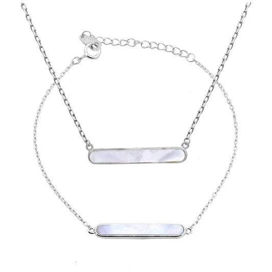 Sterling Silver Mother of Pearl Bar Bracelet & Necklace Set