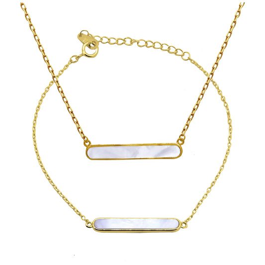 Gold Plated Sterling Silver Mother of Pearl Bar Adjustable Bracelet & 18 inch Necklace Set