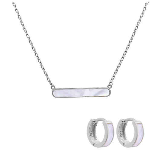 Sterling Silver 10mm Hinged Huggie Hoop Earrings & Mother of Pearl Bar Necklace Set